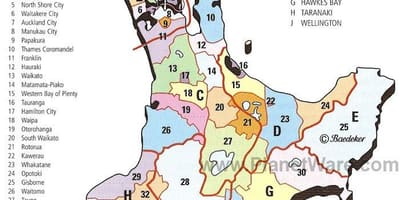 Karte jaunzēlandes ziemeļu salu reģioniem un rajoniem